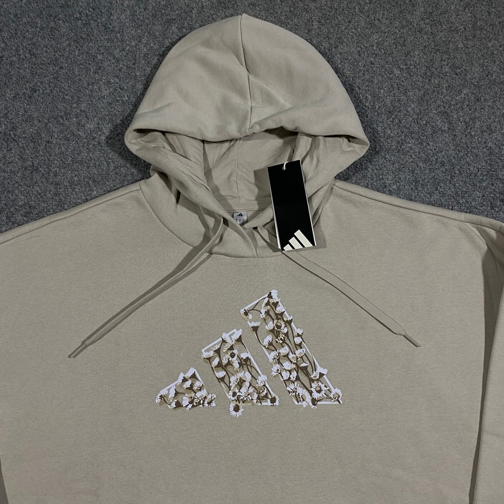 Adidas Trefoil Floral Logo Hoodie Womens XL Beige Pullover Fleece Sweatshirt - Picture 3 of 16